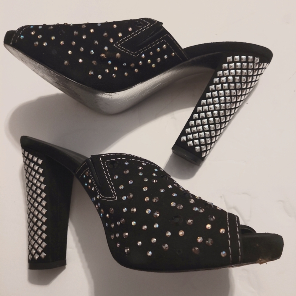 BEVERLY FELDMAN BACK SUEDE MULES Rinestone/silver studs on 5" heels Size 7 1/2